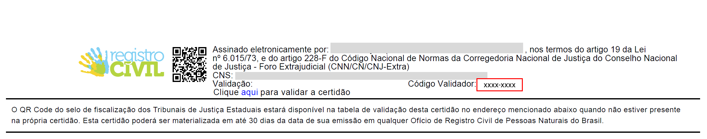 Exemplo ilustrativo de onde encontrar o código validador